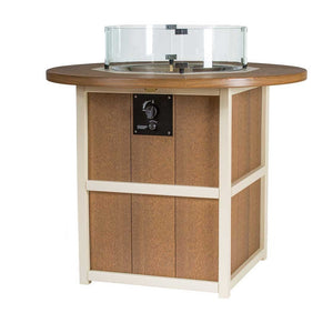 Antique mahogany and ivory poly round fire pit counter table with paneled base, control knob and round glass wind guard on a white background