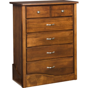 Kid's chest of drawers in a cherry brown finish with two small over four drawers and curved base rail