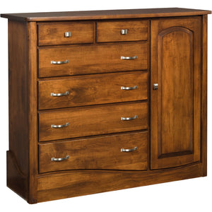 Cherry brown chifferobe with six drawers beside a tall arched panel door and nickel bar pulls