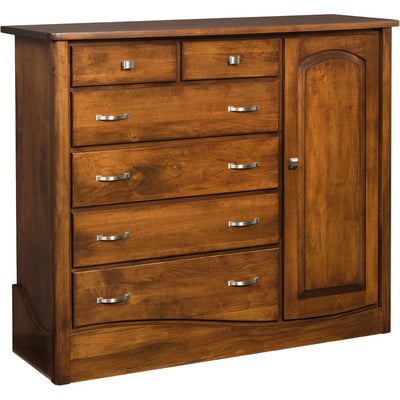 Cherry brown chifferobe with six drawers beside a tall arched panel door and nickel bar pulls