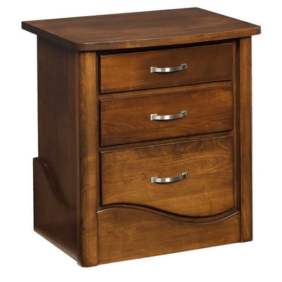 Three drawer nightstand in cherry brown wood with nickel bar handles and a curved bottom rail