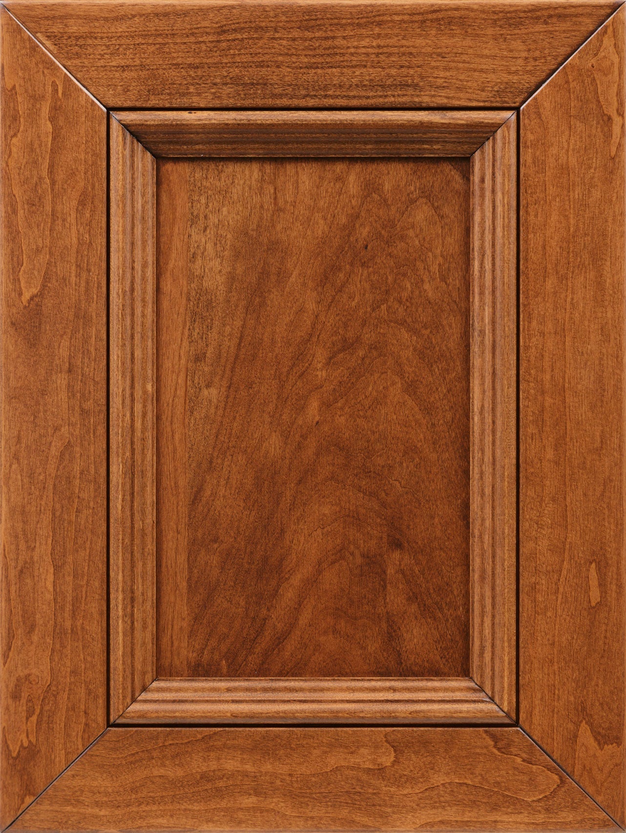Woodberry stain on cherry sample shown as a medium warm brown raised panel door with glazed molding and smooth cherry grain