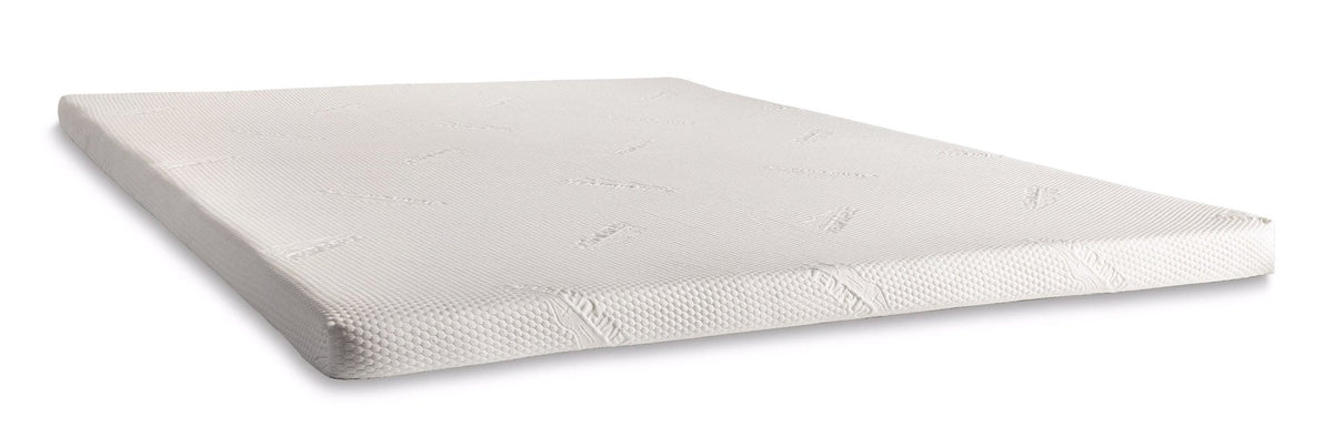 Flat memory foam mattress topper with a quilted white stretch-knit cover shown at an angle on a white background