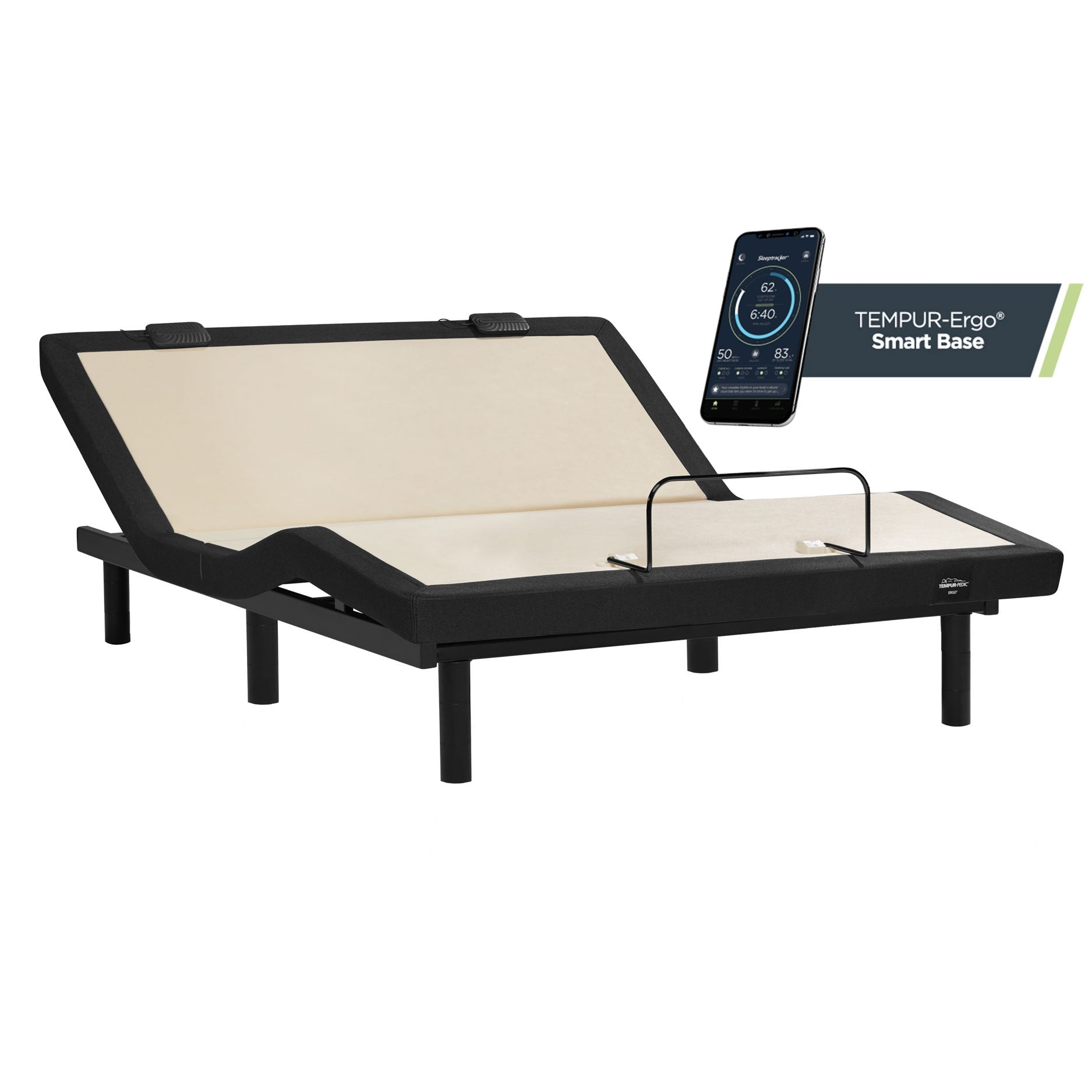 Adjustable smart base with the head section raised, cream sleeping deck, retainer bar and paired app screen
