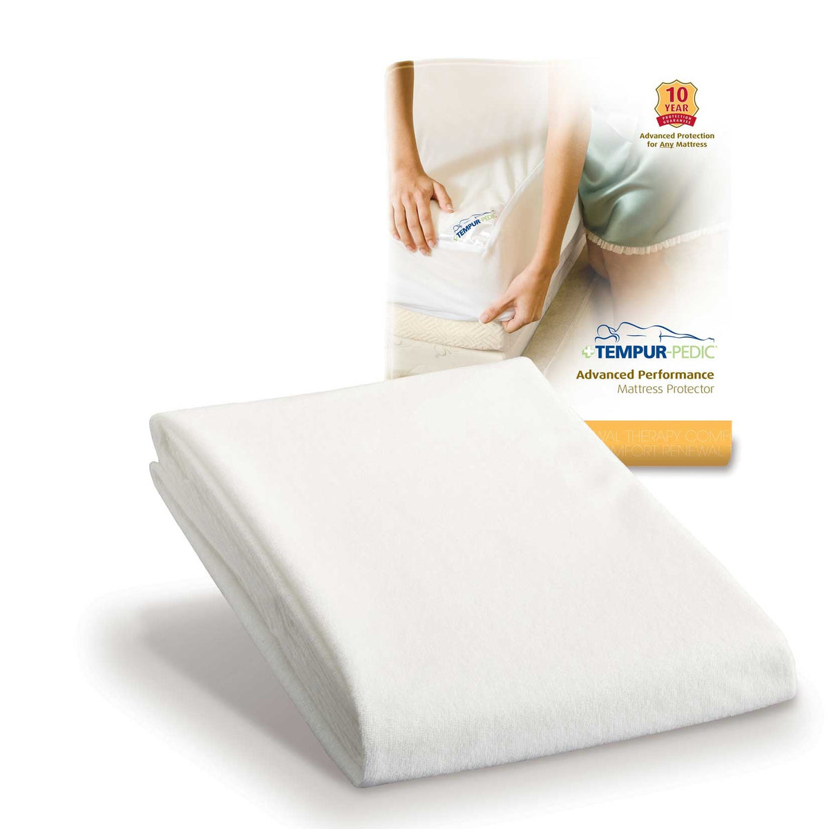 Folded white mattress protector with its retail package art showing hands fitting the cover over a mattress