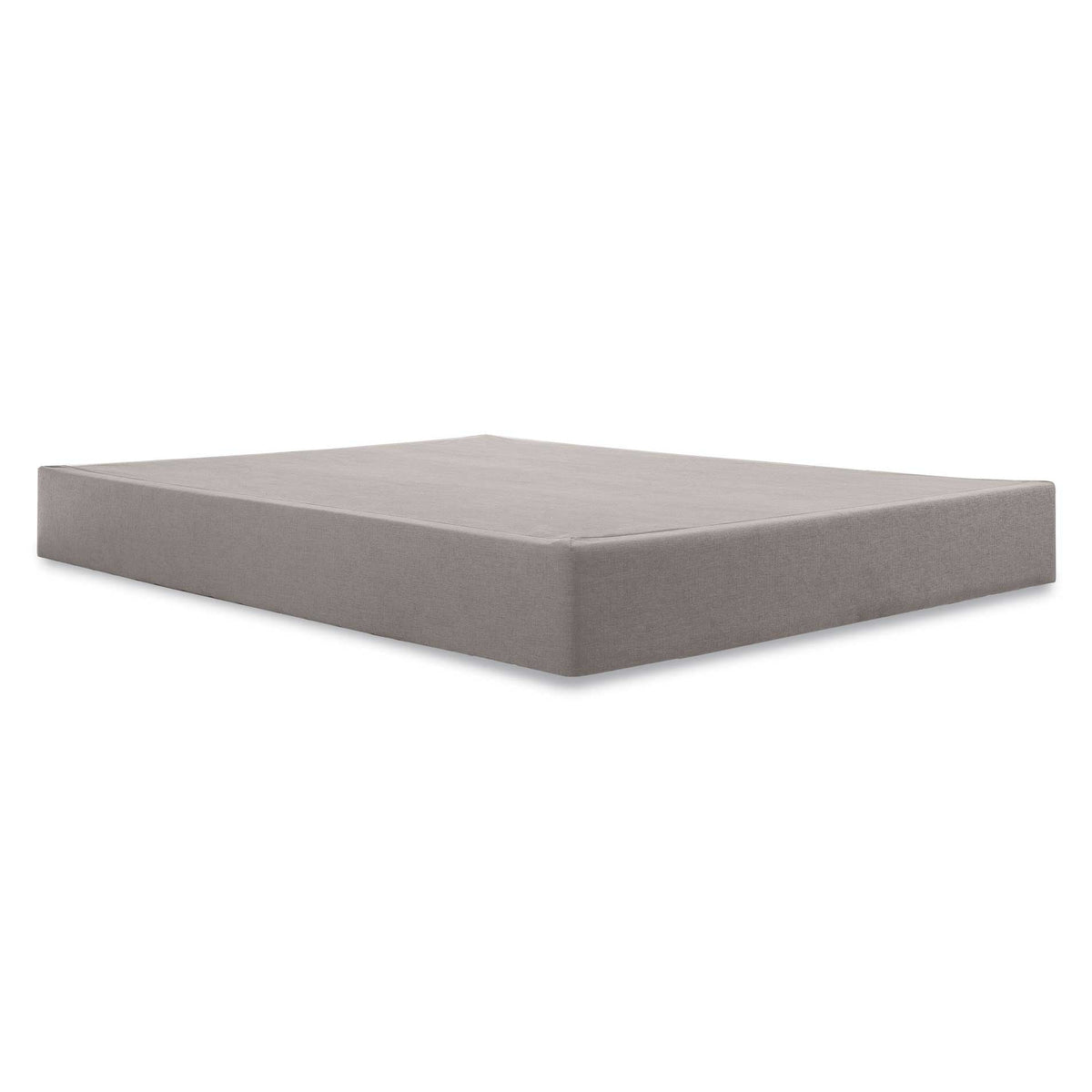 High profile mattress foundation upholstered in gray fabric with a flat top and squared corners, on white