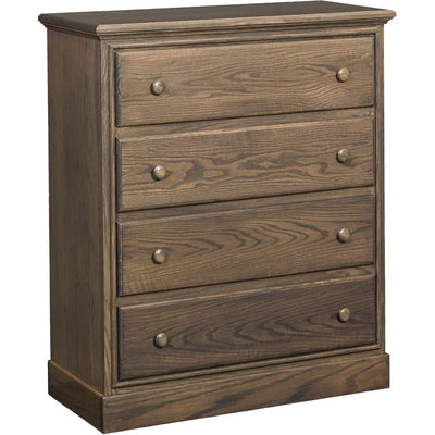 Weathered brown oak four drawer changing chest with round wood knobs and a molded plinth base