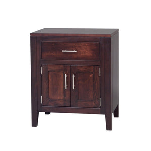 Dark espresso modern nightstand with one drawer and two paneled doors, brushed nickel bar pulls and tapered legs