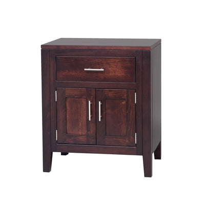 Dark espresso modern nightstand with one drawer and two paneled doors, brushed nickel bar pulls and tapered legs