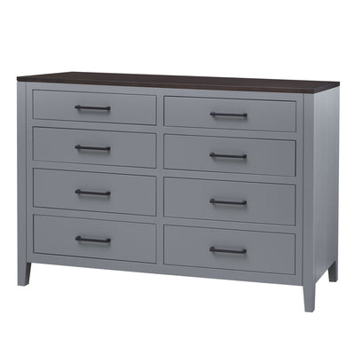 Two-tone dresser with a gray painted case, dark stained top and eight drawers with black bar pulls, shown at an angle