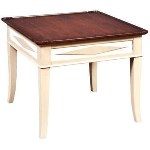 Two-tone corner table with a dark cherry top, cream painted apron with diamond inlay detail and flared legs