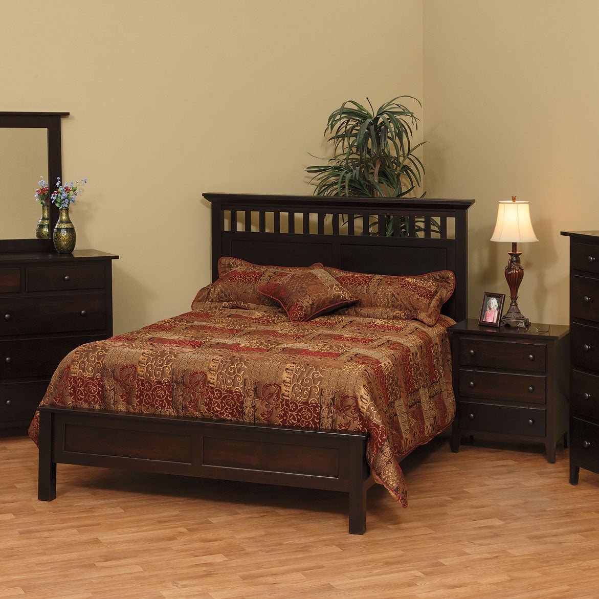 Espresso bedroom set with a slatted headboard bed, nightstand, tall chest and dresser with mirror