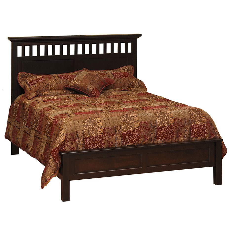 Espresso bedroom set with a slatted headboard bed, nightstand, tall chest and dresser with mirror
