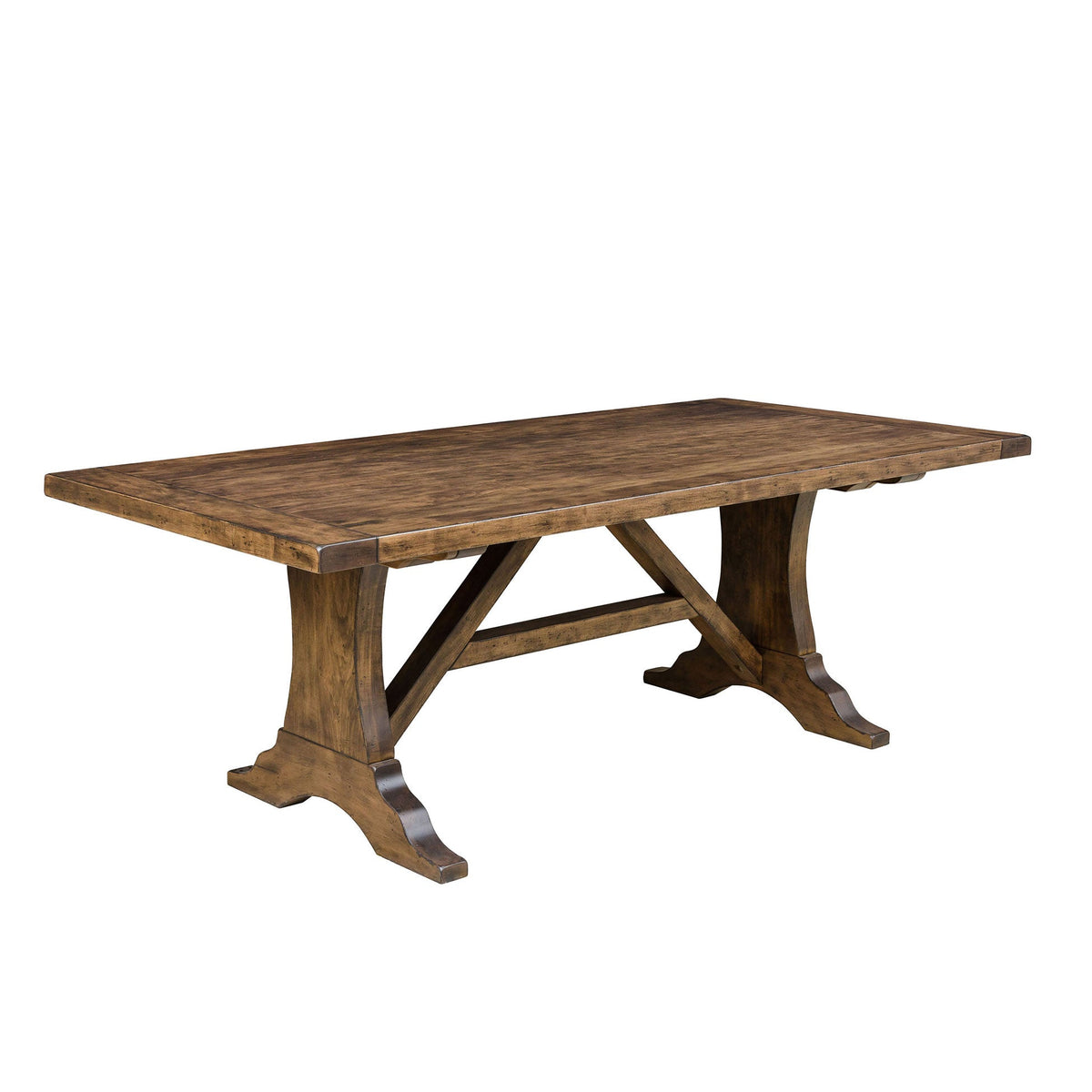Westin trestle dining table in distressed maple with plank top, breadboard ends, angled brace and scrolled feet