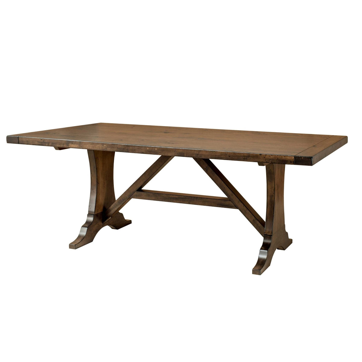 Side view of the Westin trestle table showing the two shaped pedestal legs joined by an angled brace stretcher