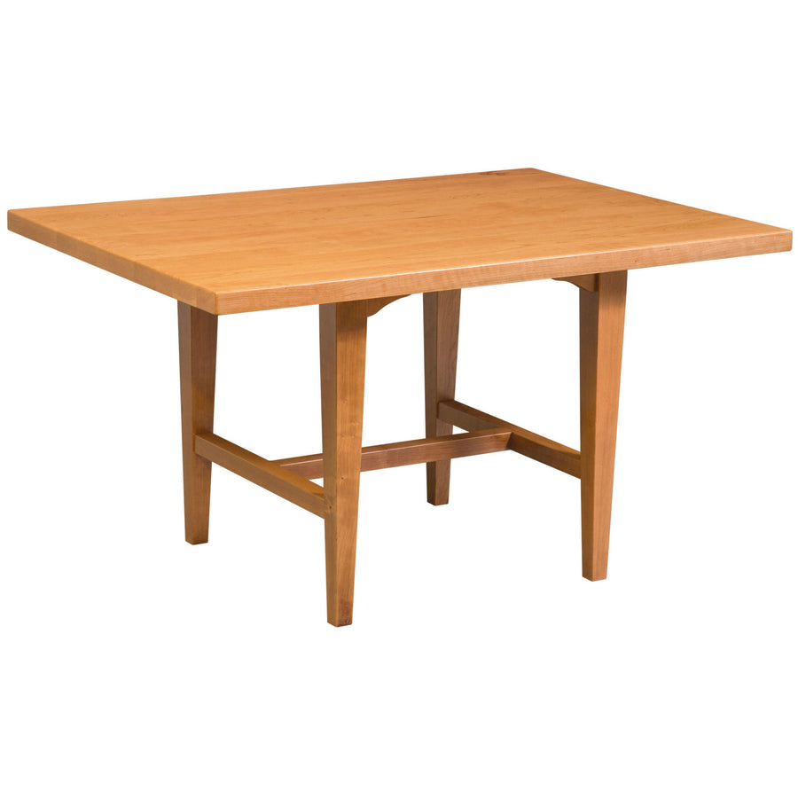 Natural finished trestle dining table for four with tapered splayed legs and an H-stretcher base