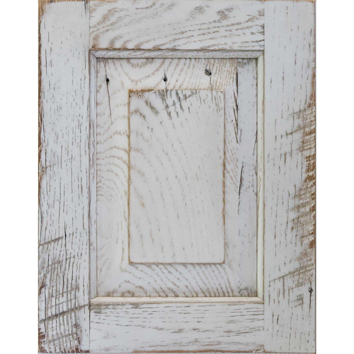 White with pewter glaze barnwood cabinet door, chalky white finish with gray worn grain and nail heads