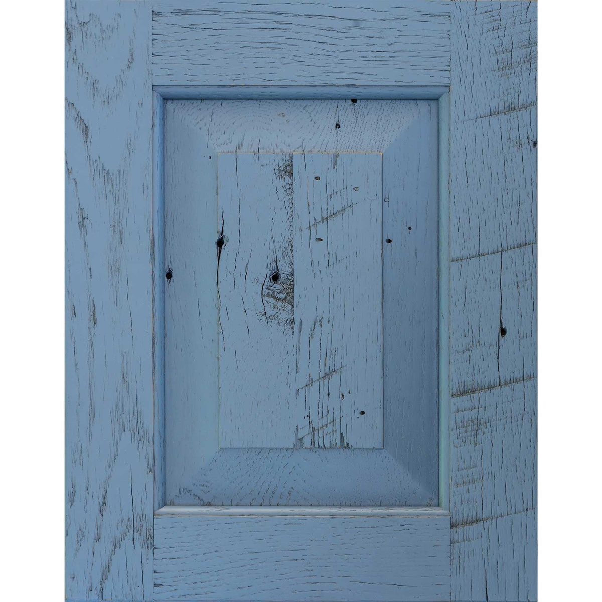 Windsor Blue painted barnwood door sample in soft country blue with knots, cracks and rustic texture