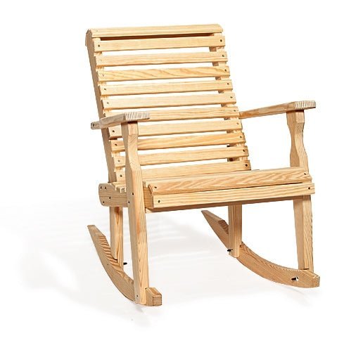 Unfinished pine roll back rocking chair with rolled slat back, contoured seat and shaped rockers on white
