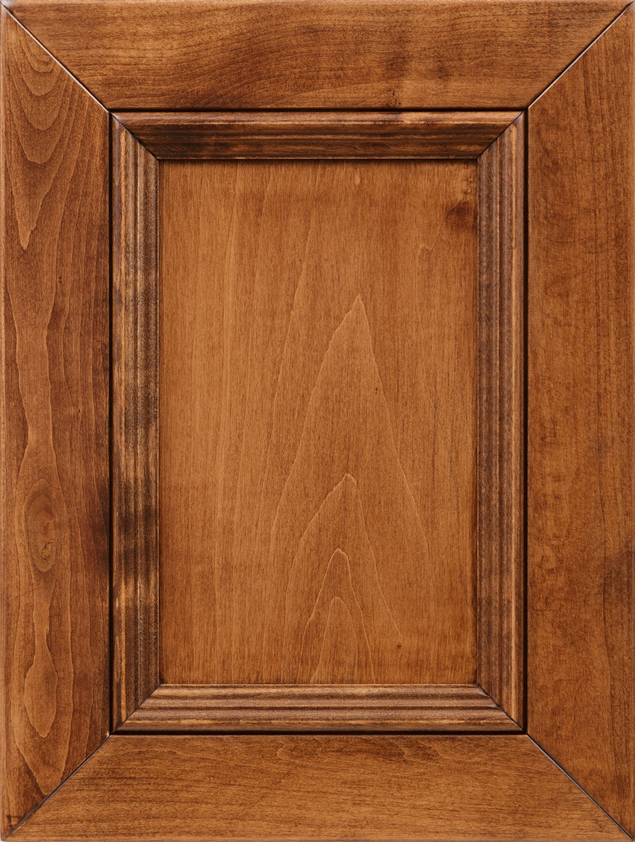 Woodberry stain on maple sample, a warm golden brown raised panel door with darker glazed molding and cathedral grain