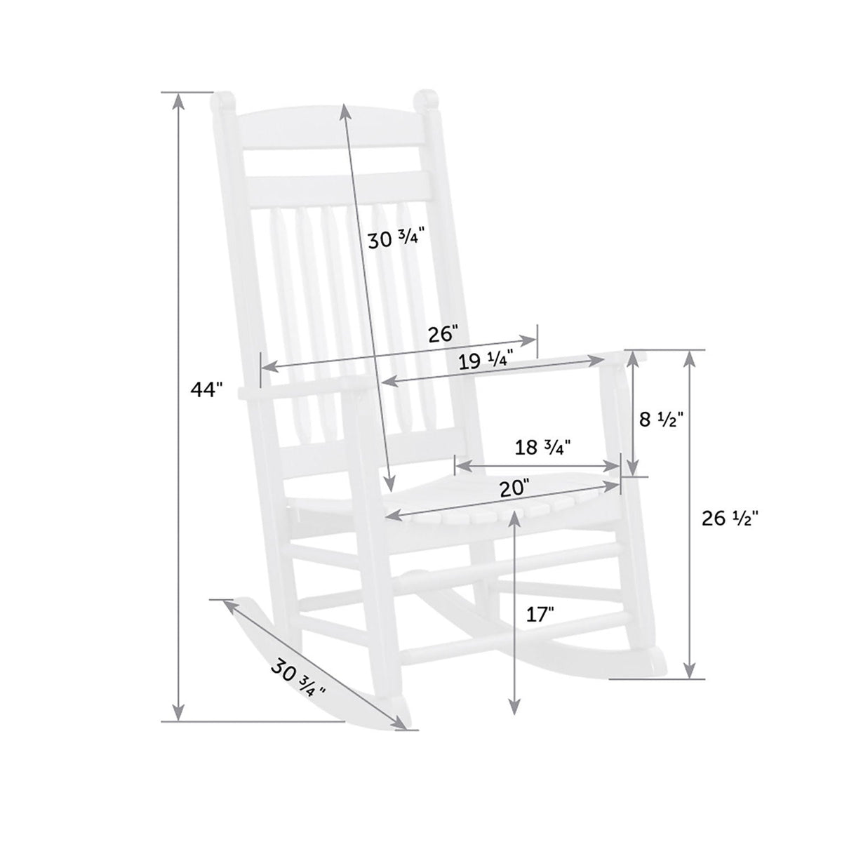 Dimension diagram of the rocking chair: 44 inches tall, 30.75 inch back height, 17 inch seat height, 20 inch seat width