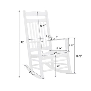 Dimension diagram of the rocking chair: 44 inches tall, 30.75 inch back height, 17 inch seat height, 20 inch seat width