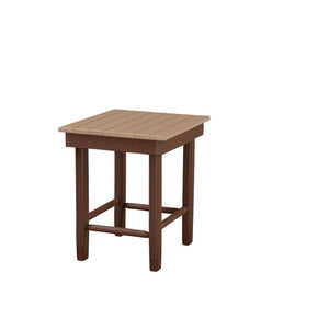 Weatherwood topped poly side table on a chocolate brown base with slat top and stretcher bars on white
