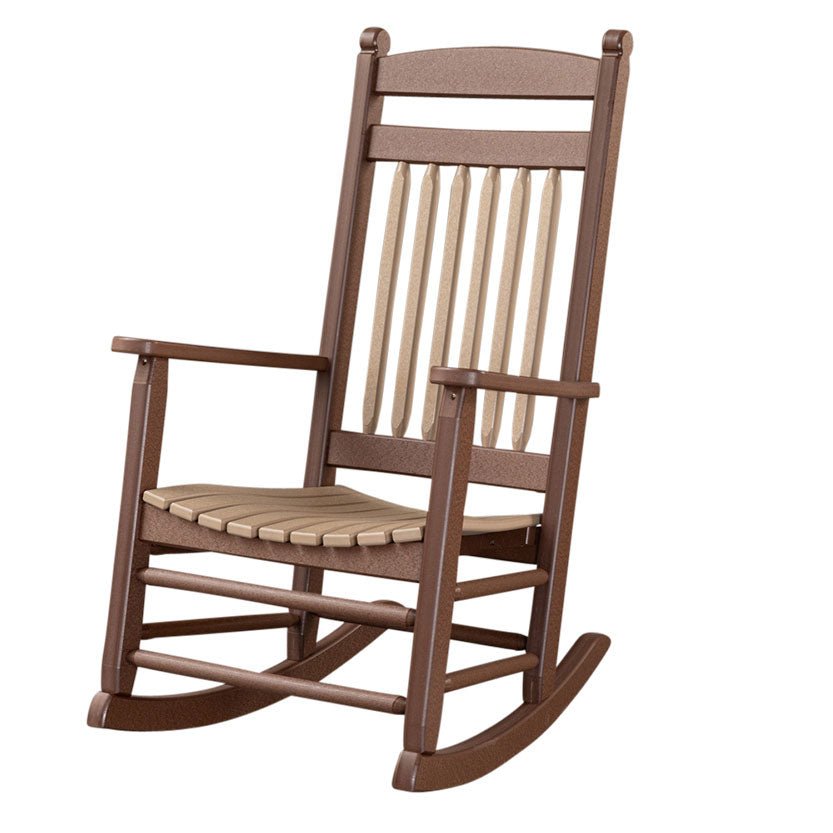 Chocolate brown poly rocking chair with tan spindles and a contoured slat seat shown on a white background