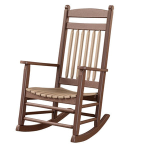 Chocolate brown poly rocking chair with tan spindles and a contoured slat seat shown on a white background